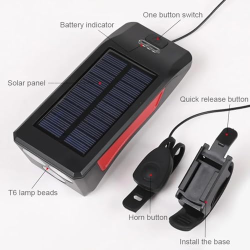 Image of Solar USB Charging Bike Light Bicycle Horn Lamp Bike Flashlight Bike Front Light Waterproof Cycling Headlight with 3 Lighting Modes 5 Sounds Fits Bicycle Light (Multicolor)