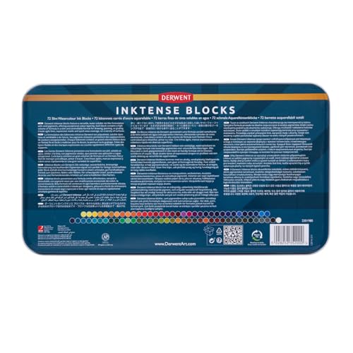 Derwent Inktense Watersoluble Ink Blocks Tin,Ideal For Bold Designs,Use On Fabrics,Wax Based,Professional Quality 2301980 (Set Of 72),Multicolor