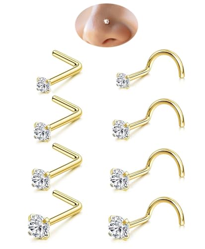 8Pcs 20G Nose Rings Studs Set for Women Men - Hypoallergenic Gold/Silver 316L Surgical Stainless Steel Nose Studs L Shaped Corkscrew Body Piercing Jewelry for Nose Earring Studs CZ 1.5mm 2mm 2.5mm 3mm