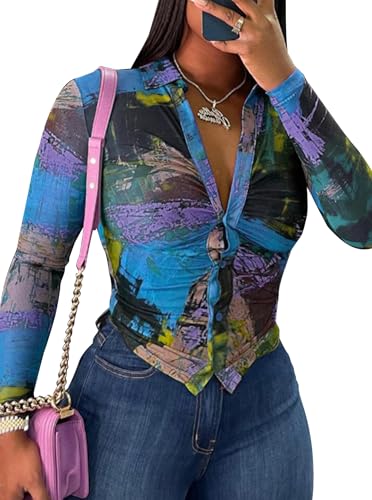 LovelyWholesale Women Sexy Button Down Shirts Long Sleeve Collared Tie Dye Tops2