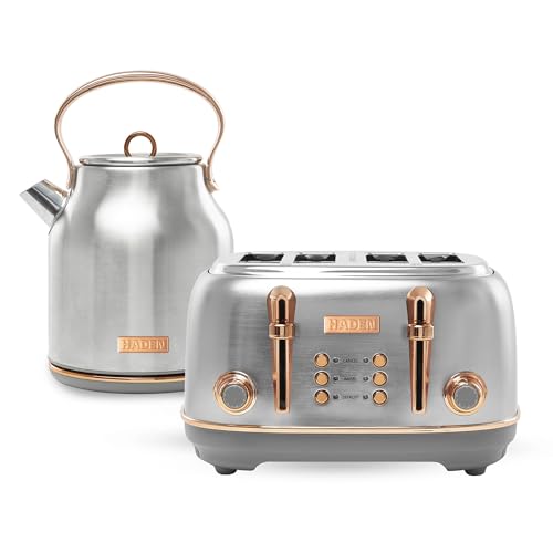 Haden Heritage 4 Slice Wide Slot Stainless Steel Toaster Bundled with 1.7 Liter Stainless Steel Electric Water Kettle, Steel & Copper