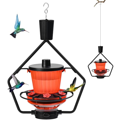 Retractable Hummingbird Feeder – 6 Feeding Ports, Leak-Proof, Ant & Bee Proof, Easy Top-Fill & Easy to Clean, Durable ASA Plastic, 18.5 oz Capacity, Adjustable Hanging System with 44' Extension(Black)