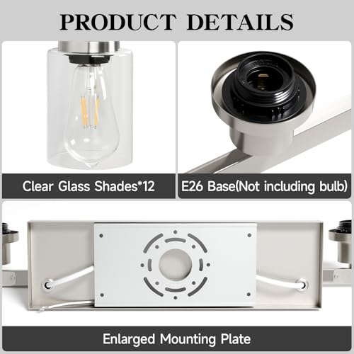 Image of Brushed Nickel Bathroom Vanity Light, 12 Light Brushed Nickel Bathroom Lighting fixtures Over Mirror, Brushed Nickel Bathroom Vanity Lights Wall Lighting for Mirror Bedroom, Living Room