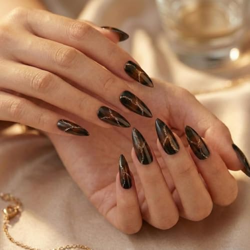 Image of Black & Gold Marble Press On Nails | Glossy Almond Shape Fake Nails | Luxury Gold Vein Design | Reusable Stick On Nails with Glue Kit