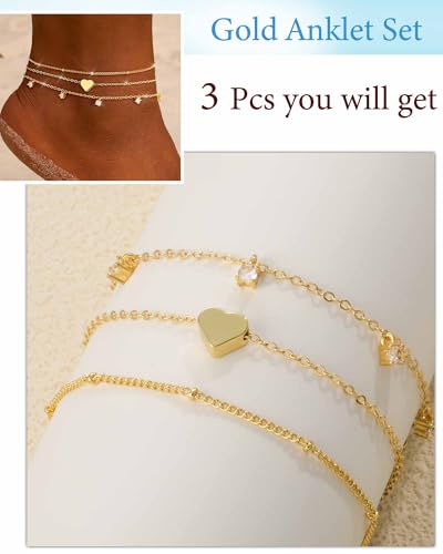 Image of ZHESHY Gold Silver Ankle Bracelets for Women 14K Gold Plated Anklets for Women Waterproof Cuban Link Heart Chain Anklets Set Non Tarnish Dainty Layered Anklet Bracelets for Women Summer Beach Jewelry