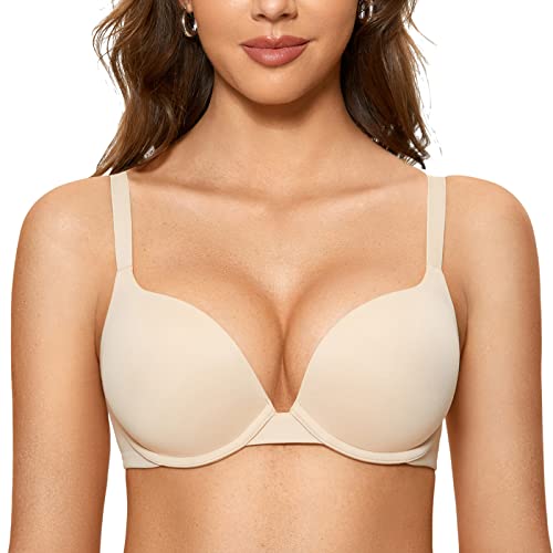 DOBREVA Femme Soutien Gorge Push Up avec Armatures Plongeant Rembourré Moulé Beige 90B