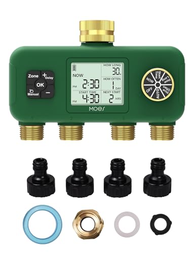 MOES 4 Zone Water Timer for Garden Hose 1 in Inlet with 3/4 in Adapter Brass Outlets Battery Operated Sprinkler Timer 4 Way Faucet Valve Sequential Watering Rain Delay Non-WiFi