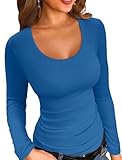 VICHYIE Fall Long Sleeve Shirts for Women Scoop Neck Top Ribbed Henley Slim Fitted Sexy Tee Casual Square Neck Basic Blouses Tshirts Blue M