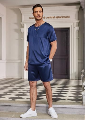 Image of Ekouaer Mens Pajamas Set Silk Satin Pjs Sets Summer Short Sleeve Button Down Sleepwear 2 Piece Loungewear with Pockets