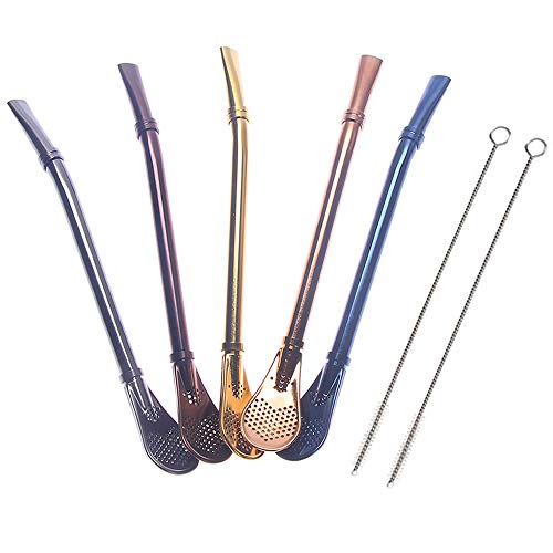 Oryougo 5 Pack Stainless Steel Filter Straws Spoon,Reusable Smooth-Friendly Wide Diameter Straw With 2 Cleaning Brushes #TOP30