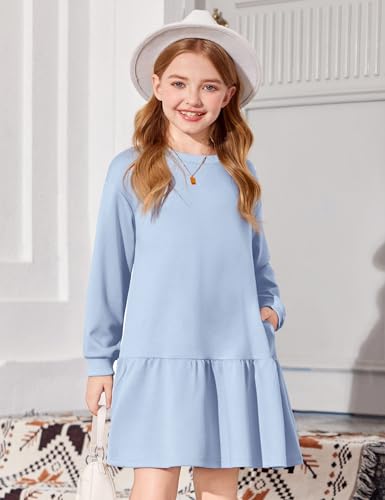 Arshiner Girls Dresses Long Sleeve Pullover Tops Drop Shoulder Sweatshirt Casual Dress with Pockets3