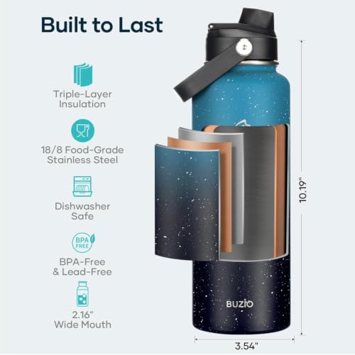 Image of BUZIO Triple Wall Vacuum Water Bottle with Dust-Proof Straw & Spout Lids