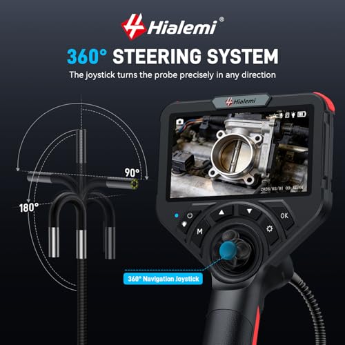 Image of 6.4mm 360 Articulating Borescope 4-Way Endoscope Camera with Light | 5 inch IPS Screen, 2MP /1080P, 5.0FT, Built-In LED Flashlight, 360 Joystick Control for Automotive, Aircraft & Engine Inspection