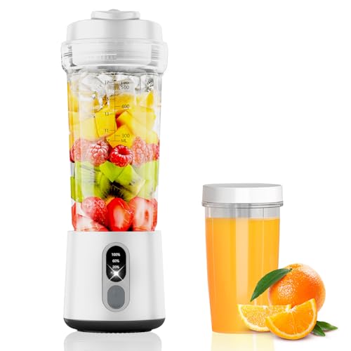 Foyucool Portable Blender for Smoothies and Shakes, 2 Portable Blender Cups, 17 &10 oz Cordless Personal Small Blender with Straw Brush&Lid, USB-C Rechargeable, Quiet Mini Travel Blender, Whit...