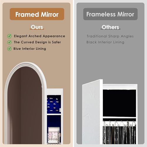 47in Tall Jewelry Cabinet Organizer, Arched Wall or Door Mounted Jewelry Armoire with Full-Length Mirror, 6 LEDS Lockable Hanging Mirror Cabinet with Storage, 2 Drawers, Women Girls Gifts,White - Image 6