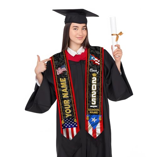 MonkeyVan Personalized Puerto Rico Graduation Sash 2025, Custom Puerto Rican American Flag Graduation Stole Class of 2037 S165