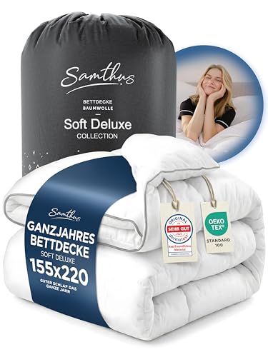 Samthus Premium Bettdecke 155x220cm - Oeko-Tex und Dermatest zertifizierte Ganzjahresdecke - kuschelige Schlafdecke Zudecke mit Aussenhülle aus 100% Baumwolle - weiche Steppdecke - Blanket Duvet