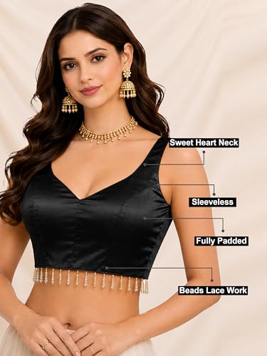 Image of TRENDMALLS Women's Gaji Silk Plain Sweet Heart Neck Sleeveless Beads Lace Work Blouse Choli Stylish Saree Blouse Ready to Wear