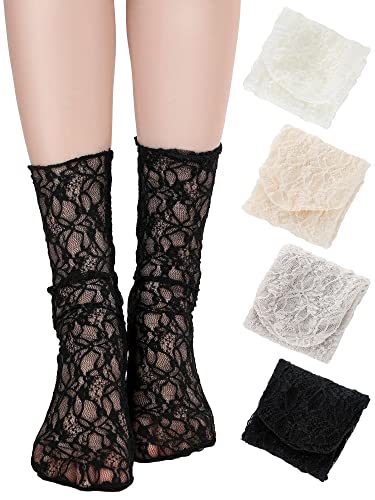Geyoga 4 Pairs Women's Lace Ankle Socks Ruffle Frilly Mesh Loose Slouch High Socks for Women