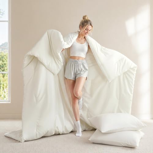 Image of weigelia Super-Soft Micorfiber Comforter Set - Full Size Cream White Lightweight Warmth Comforter for All Season Use, Machine Washable White Bedding Set (1 Comforter, 1 Pillowcases)
