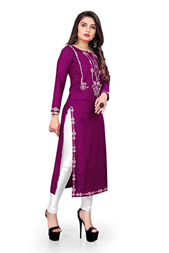 Image of Women's Rayon Embroidered Straight Kurti Under 499 Designer Attractive Look Women's Kurta