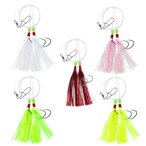 Eupheng Fluke Flounder Hi-Lo Rig 3/0 5/0 5PCS Saltwater Fishing Bait Rigs with Mylar Teaser for Surf Ocean Fishing Sea Bass Halibut Rockfish Cod