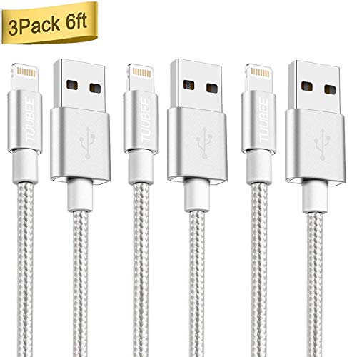 TUUBEE iPhone Cable 3 Pack 6FT Nylon Braided USB Fast Charging & Syncing Extra Long Cord Cell-Phone Charging Cable Compatible iPhone Charger XS/Max/XR/X/8 P/8/7/7P/6/iPad/iPod (silver01)