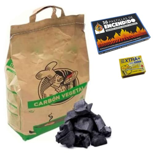 Carbón Vegetal Premium de Encina,Sin Humo, Sin Aditivos, Ideal para Una Barbacoa,1 Cajas 36 Pastillas de Encendido y 1 Caja Cerillas. (2.8kg)