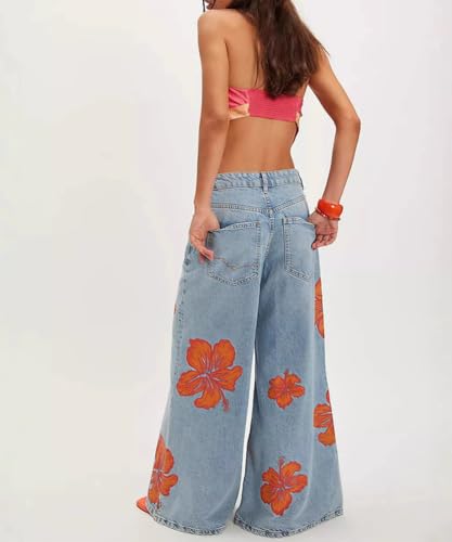 Women's Vintage High Waisted Wide Leg Jeans Baggy Washed Printed Denim Jeans4