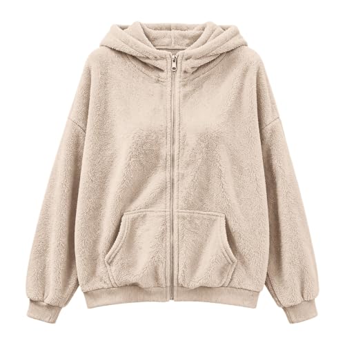Hoodies for Women Warm Casual Cozy Fuzzy Fleece Zip Up Sherpa Sweatshirt Beige L - image 3