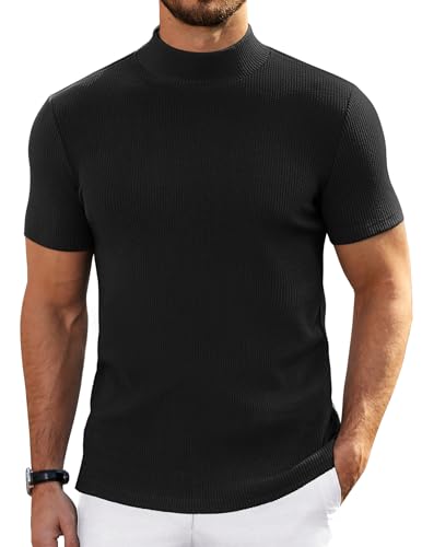 COOFANDY Men's Black Mock Turtleneck Sweater Short Sleeve Casual Basic Sweater Knit Pullover Solid Tee Thermal Tops