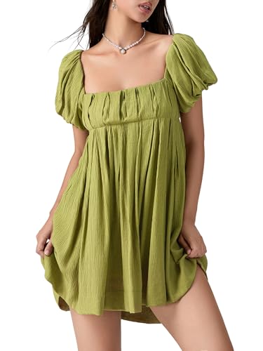 Image of Women Y2k Puff Sleeve Babydoll Dresses Square Neck Tie Back Mini Dress Summer Solid Off Shoulder Flowy Sundress