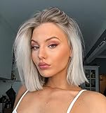 VEBONNY Short Blonde Wig for Women, Synthetic Hair Brown Ombre Blonde Bob Lace Front Wigs with Baby Hair, Glueless Ombre Short Wig 14 inch VEBONNY-036-12