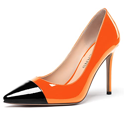 WAYDERNS Women's Pointed Toe Slip On Patent Leather Patchwork Stiletto High Heel Pumps Wedding Dress Shoes 4 Inch