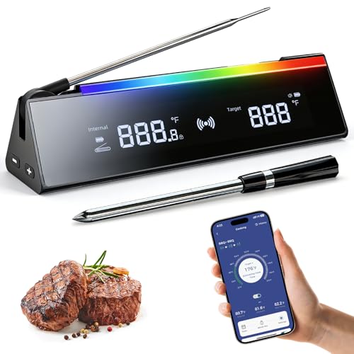 Aurasky Meat Thermometer with 2 Probes, RGB Cooking Progress Light, LCD Base, Smart APP Control, IPX8 Waterproof, Digital Food Thermometer Wireless for Grill, Smoker, Oven, Sous-Vide & Rotisserie