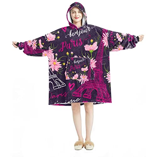Sweat à capuche surdimensionné flanelle sherpa à offrir motif Paris cœurs roses