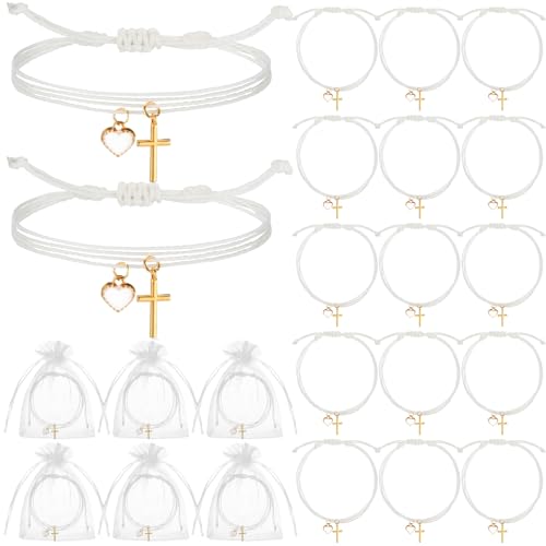 Ferreve 30 Sets Baptism Party Favors for Guests Cross Bracelets Adjustable First Communion Gifts Christian Jesus Bracelets Gold Cross Charm for Infant Baptism Graduation Church Wedding