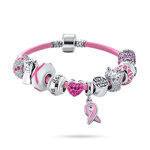 Bling Jewelry Live Laugh Love Support Cancer Survivor Pink Ribbon Believe Starter Beads Multi Charm Bracelet Genuine Pink Leather For Women .925 Sterling Silver European Barrel Snap Clasp #TOP18