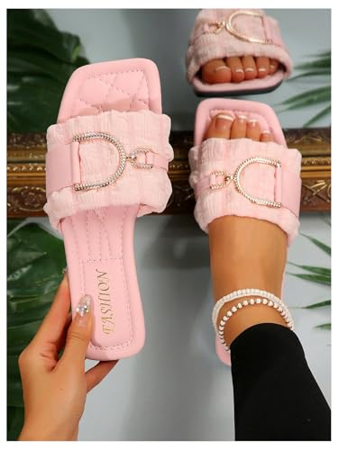 GORGLITTER Women's Rhinestone Buckle Pink Flat Sandals Square Open Toe Slides Dressy Slip on Shoes 20252