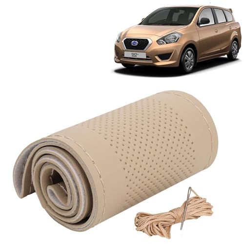 Image of KINGSWAY PU Leatherite Car Steering Cover Sewable Compatible with Datsun Go Plus (Year 2014 Onwards), Beige Color with Beige Thread, Pack of 1 with Sewing Needle and Thread