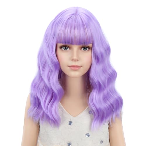 Image of PATTNIUM Girls Kids Purple Short Wavy Wig with Bangs