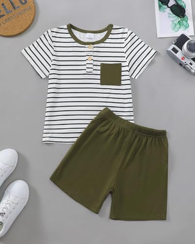Image of Rosibel Boys' Clothing Sets Crewneck Kids Clothes Striped Button-Up Toddlers Boys Clothes with Pocket Black 6Y