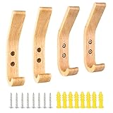 Pamtns Perchero Pared Individual 4 Piezas Ganchos de Abrigo de Madera Percha Pared Madera Ganchos de Madera Natural Gancho de Sombrero Madera Ganchos para Toallas Multifuncionales Decoración