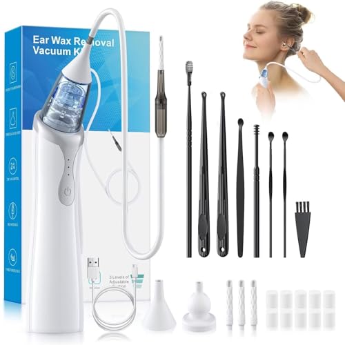 Ear Vacuum Wax Removal Tool with 8 Pcs Ear Pick, Strong Suction Earwax Removal Kit with Charging Cable, Ear Suction Device for Adults and Kids (White)