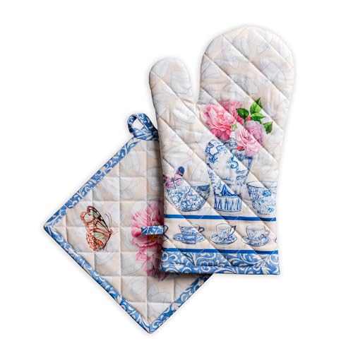 Maison d' Hermine 100% Cotton Oven Mitt & Pot Holder Set (7.5"x13" & 8"x8") Heat Resistant BBQ Cooking Gloves with Loop Baking Grilling Kitchen Gifts for Mothers Day Spring/Summer (Canton)
