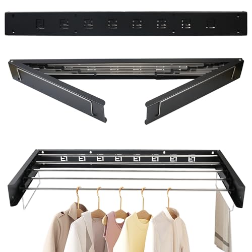 Gemsaya 80cm Wall Mounted Drying Rack, Stainless Steel Foldable Clothes Drying Rack With 2 Handles, Indoor & Outdoor Space Saver Washing Line Clothes Dryer, Black Retractable Laundry Clothes Airer