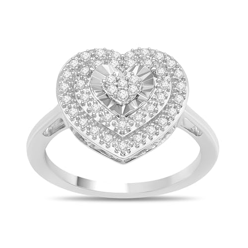 Jewelili Sterling Silver Double Halo Round and Heart Engagement Ring for Women | 1/4 CTTW Natural White Round Diamonds | Luxury Jewelry Gift for Her | Gift Box Included