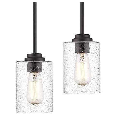 Beionxii Glass Pendant Light | Farmhouse Mini Pendant Lighting for Kitchen Island Dining Room Over The Sink, Oil Rubbed Bronze with Bubble Glass - DMD9002-1H/2PK Cover