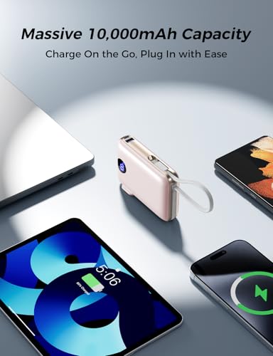 Image of Portable Charger with Built-in Cables & Wall Plug, 10000mAh Power Bank, 4 Outputs 22.5W USB C Fast Charging, Mini Travel Essentials Battery Pack with LED Display for iPhone /iPad /Samsung etc RoseGlod