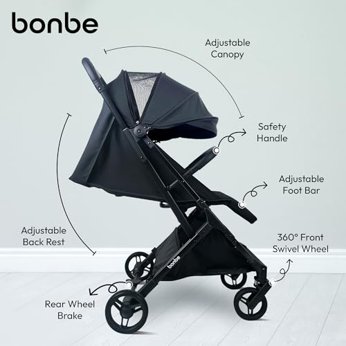 Bonbe Baby Stroller & Pushchair - Foldable Travel Pram in Black, 5-Point Harness, Hold 22kg - Adjustable Seat, Cabin-Size Buggy, Strollers for Toddlers Up to 4 Years, Under-Seat Storage Bag Baby Pram - Image 3